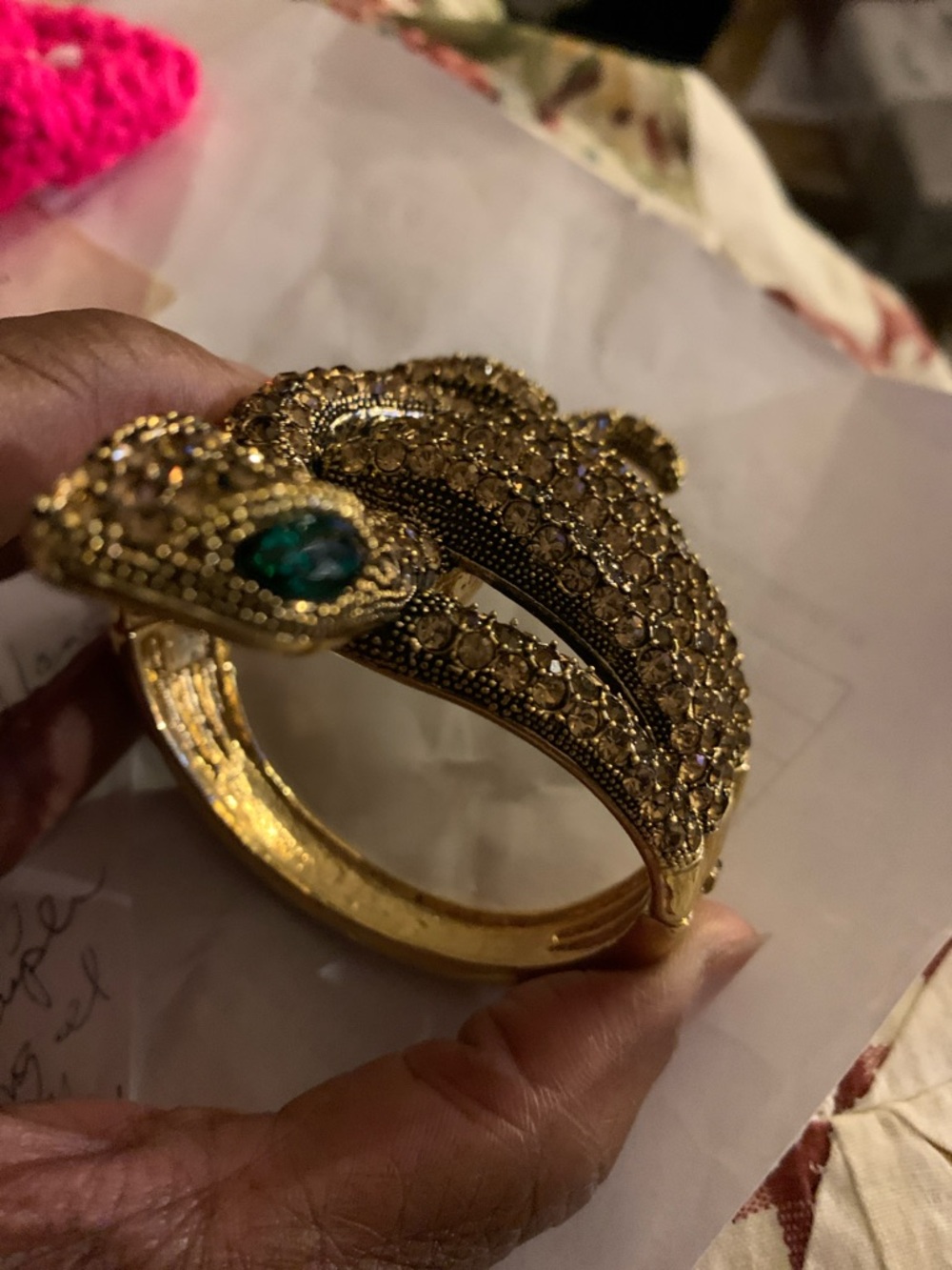 Rhinestone Snake Brooch with Green Emerald Eyes - Gold Tone - Picture 6 of 7